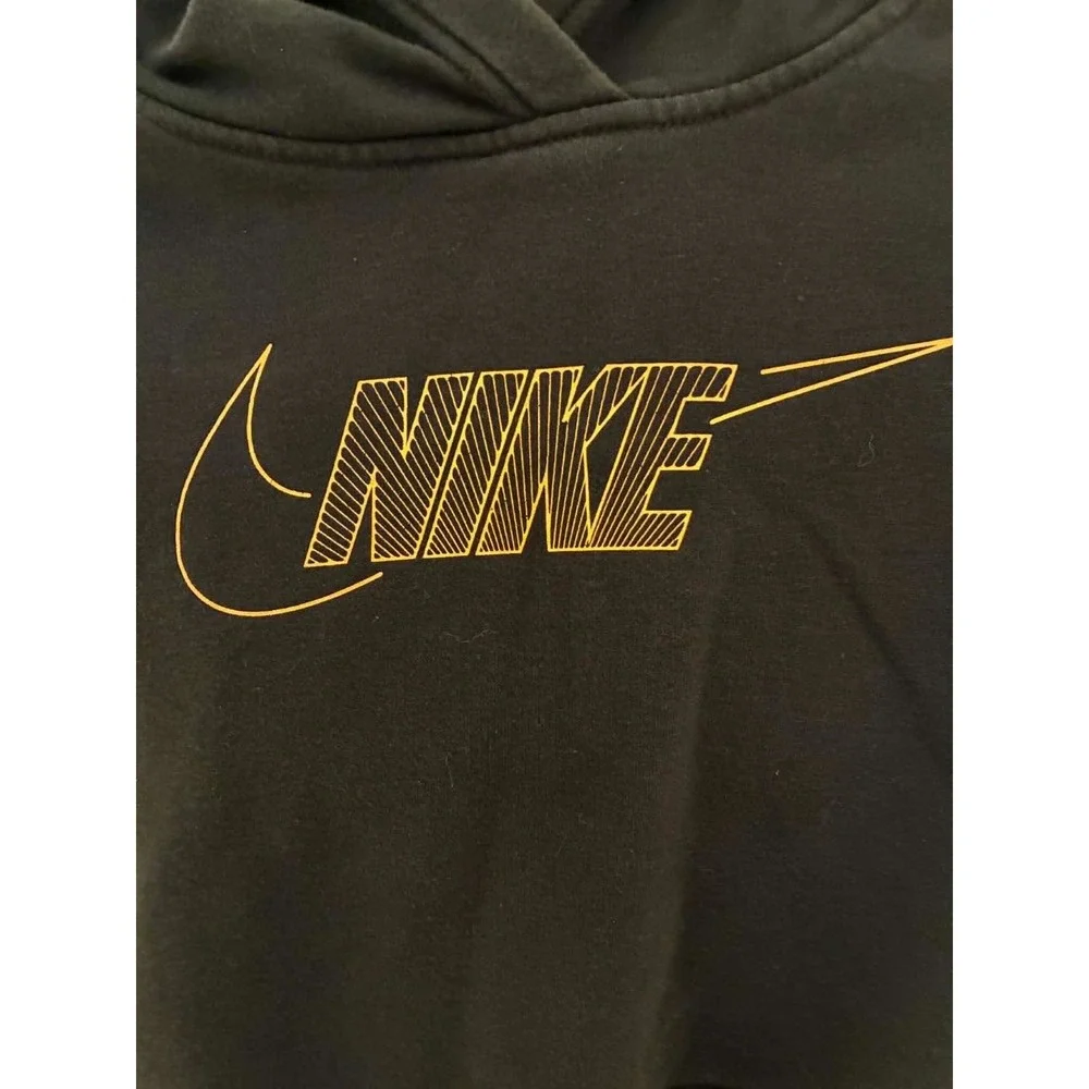 Nike Womens Large Black Pullover Hoodie Gold Swoosh Logo Fleece Lined Athletic
